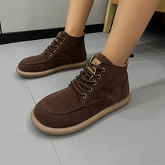 Women's Lace-up Front Flat Ankle Boots with Letter Patched