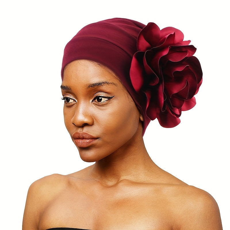 Big Flower Turban Cap Solid Head Wrap Elastic Bonnet Chemo Cap