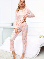 Floral Print Pajama Set Long Sleeve Top & Pants Women's Sleepwear