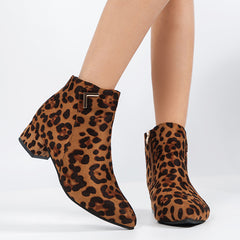 Leopard Chunky Heel Short Boots Women's Ankle Boots Pointed Toe Zip