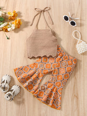 2pcs Baby Girls Knit Halter Top & Flared Pants Set