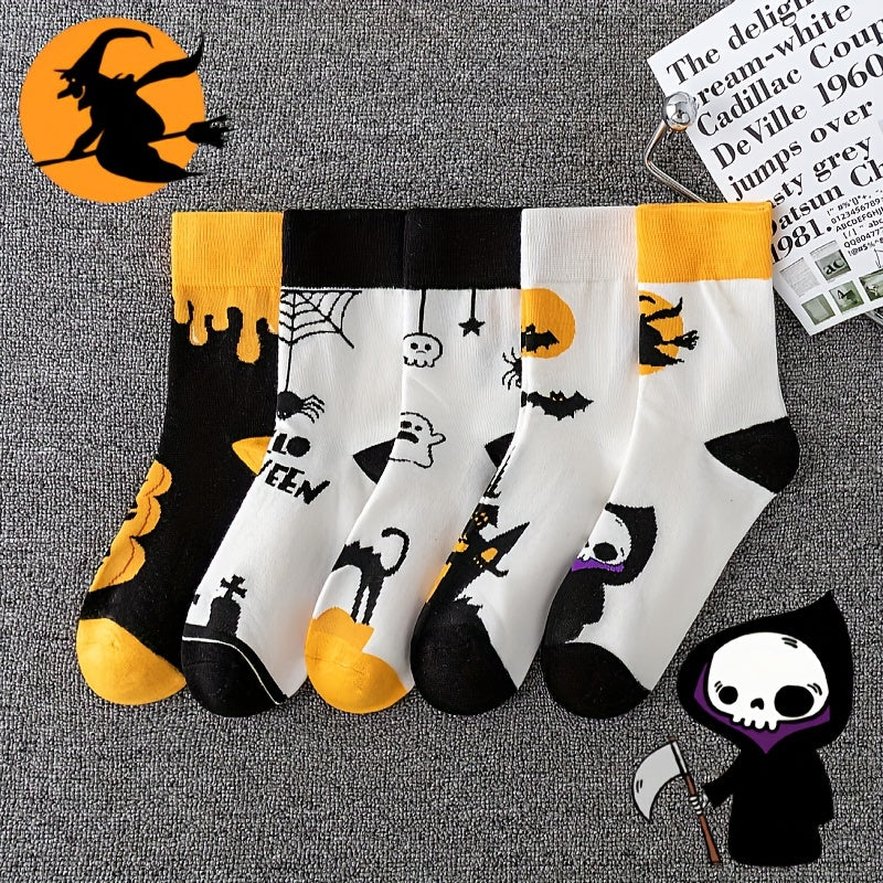 5 Pairs Pumpkin & Skull Print Socks Halloween Crew Socks Women's Stockings