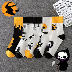 5 Pairs Pumpkin & Skull Print Socks Halloween Crew Socks Women's Stockings