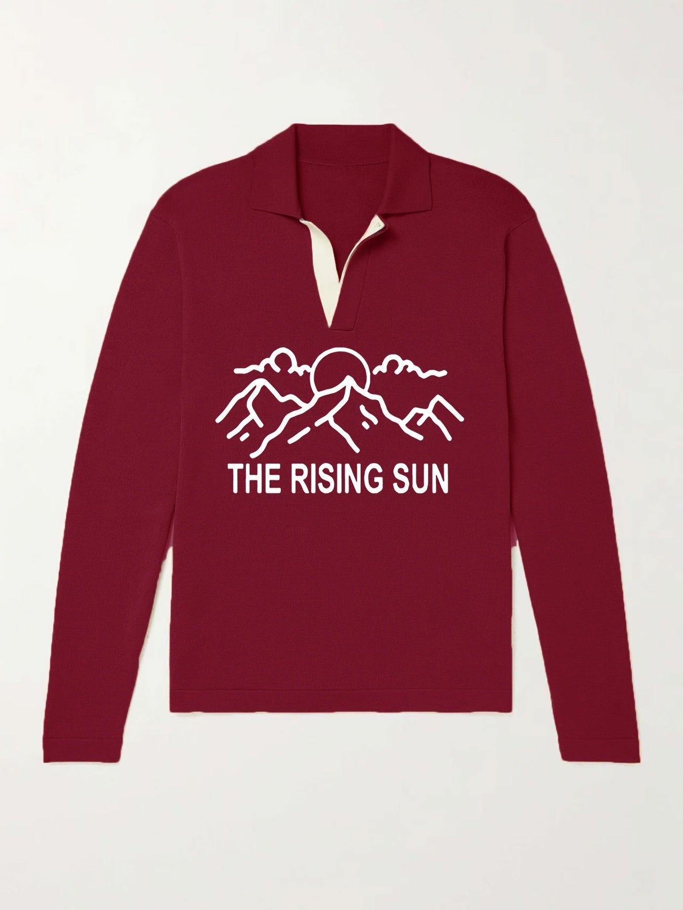 Rising Sun Pattern Knit Polo Shirt Men's Casual Stretch V Neck Pullover Sweater