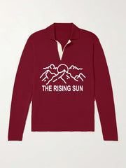 Rising Sun Pattern Knit Polo Shirt Men's Casual Stretch V Neck Pullover Sweater
