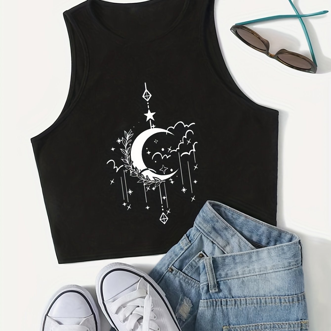 Moon Print Crop Tank Top Sexy Summer Sleeveless Casual Top Women's Clothing