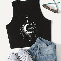 Moon Print Crop Tank Top Sexy Summer Sleeveless Casual Top Women's Clothing