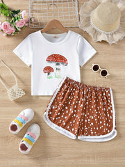 Girls Mushroom Pattern T-shirt & Polka Dot Shorts Set