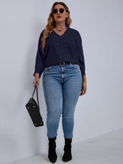 Casual Blouse Women's Plus Solid Contrast Lace Long Sleeve V Neck