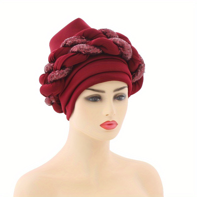 Sequin Turban Cap Double Braid Pre tied Head Wrap Elastic Bonnet