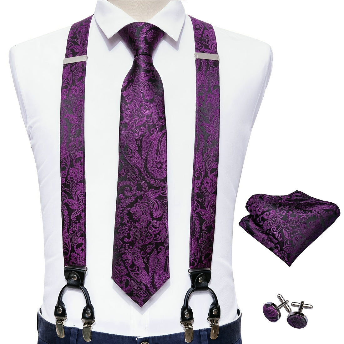 Barry Wang Mens Suspender Tie Set Y type Floral Paisley Silk Necktie Wedding