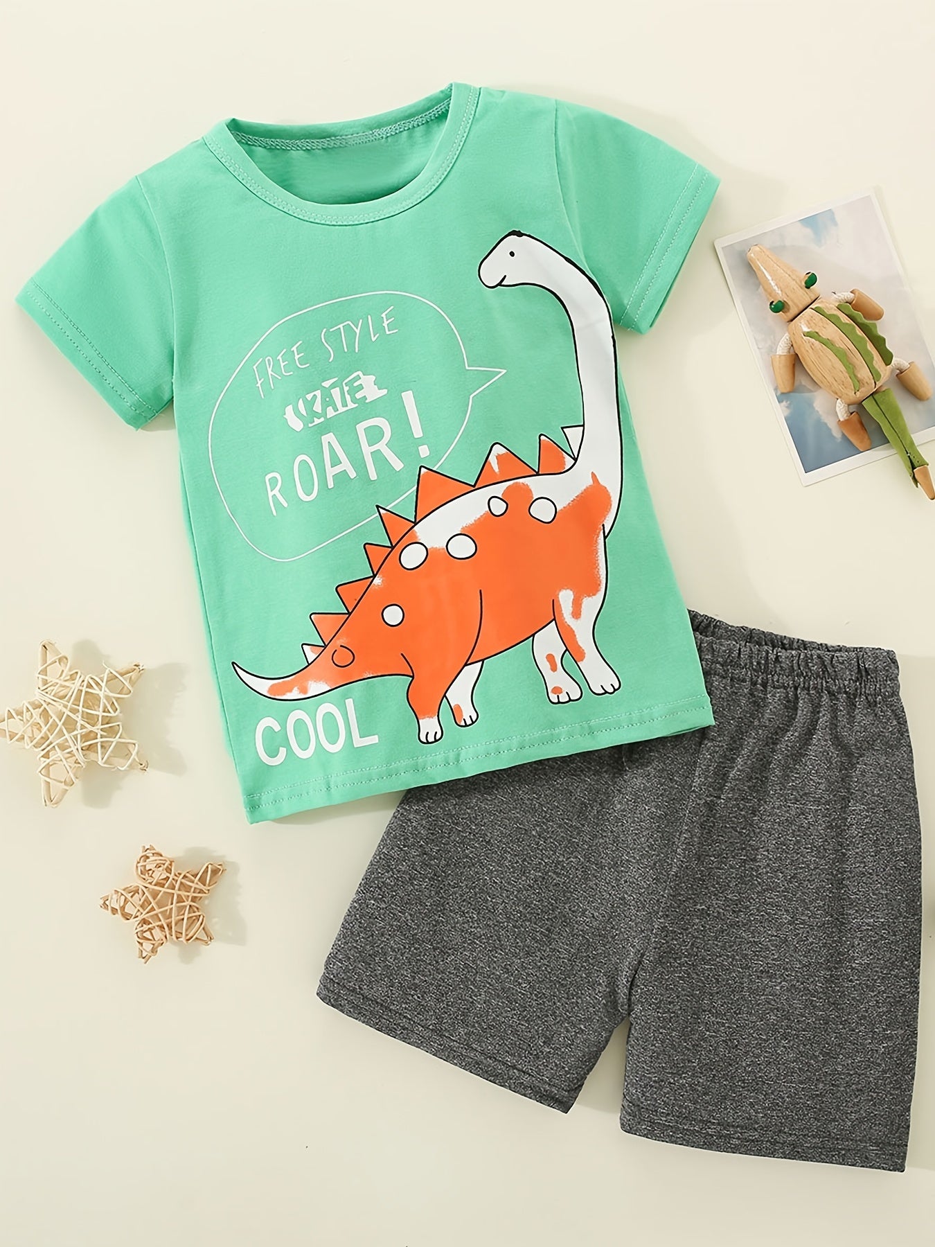 Boys Dinosaur Print T shirt & Shorts Set For Summer Kids Clothes