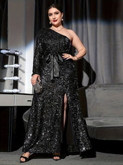 Glitter Sequin One Shoulder Evening Party Dress