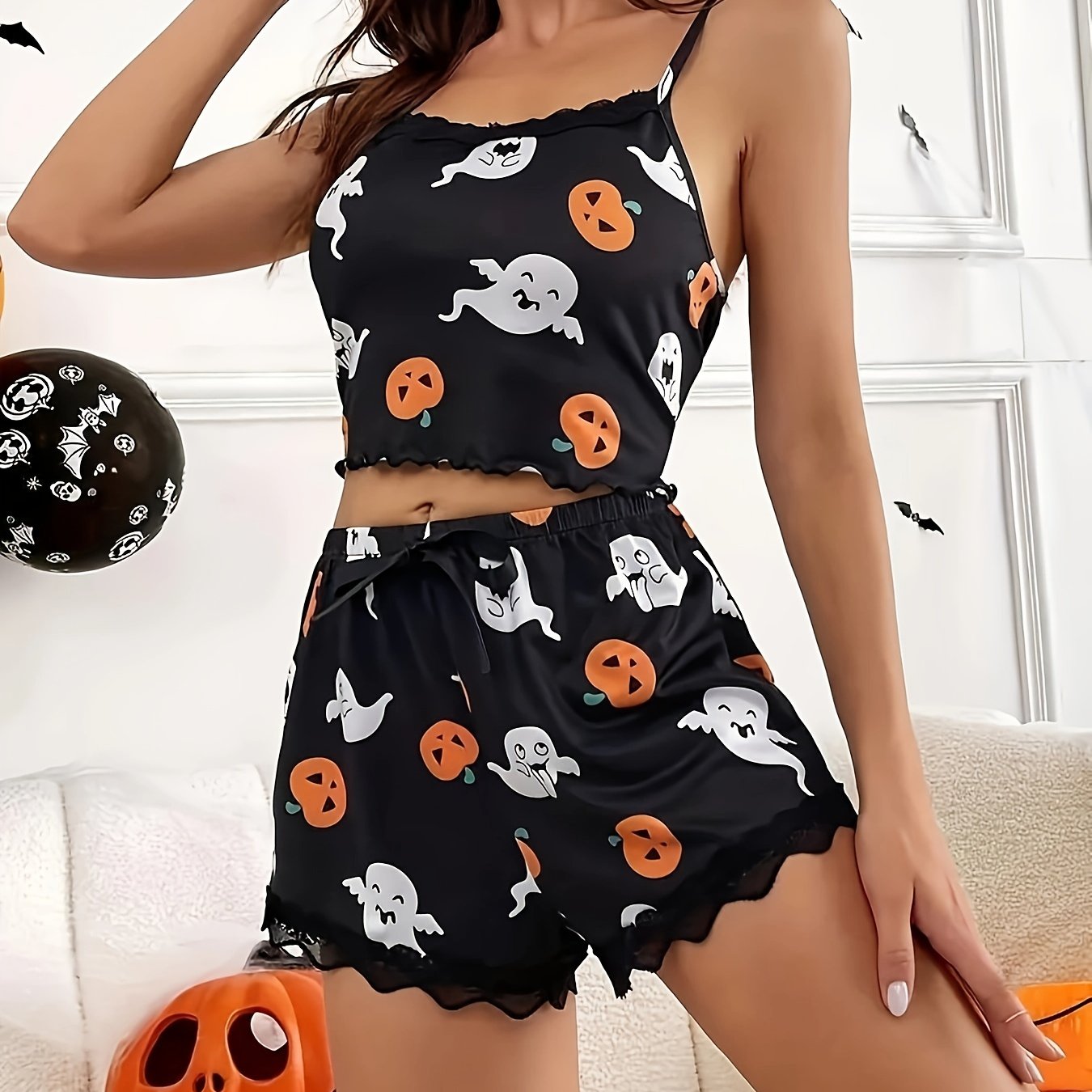 Halloween Sexy Lounge Set Ghost & Pumpkin Cami Top