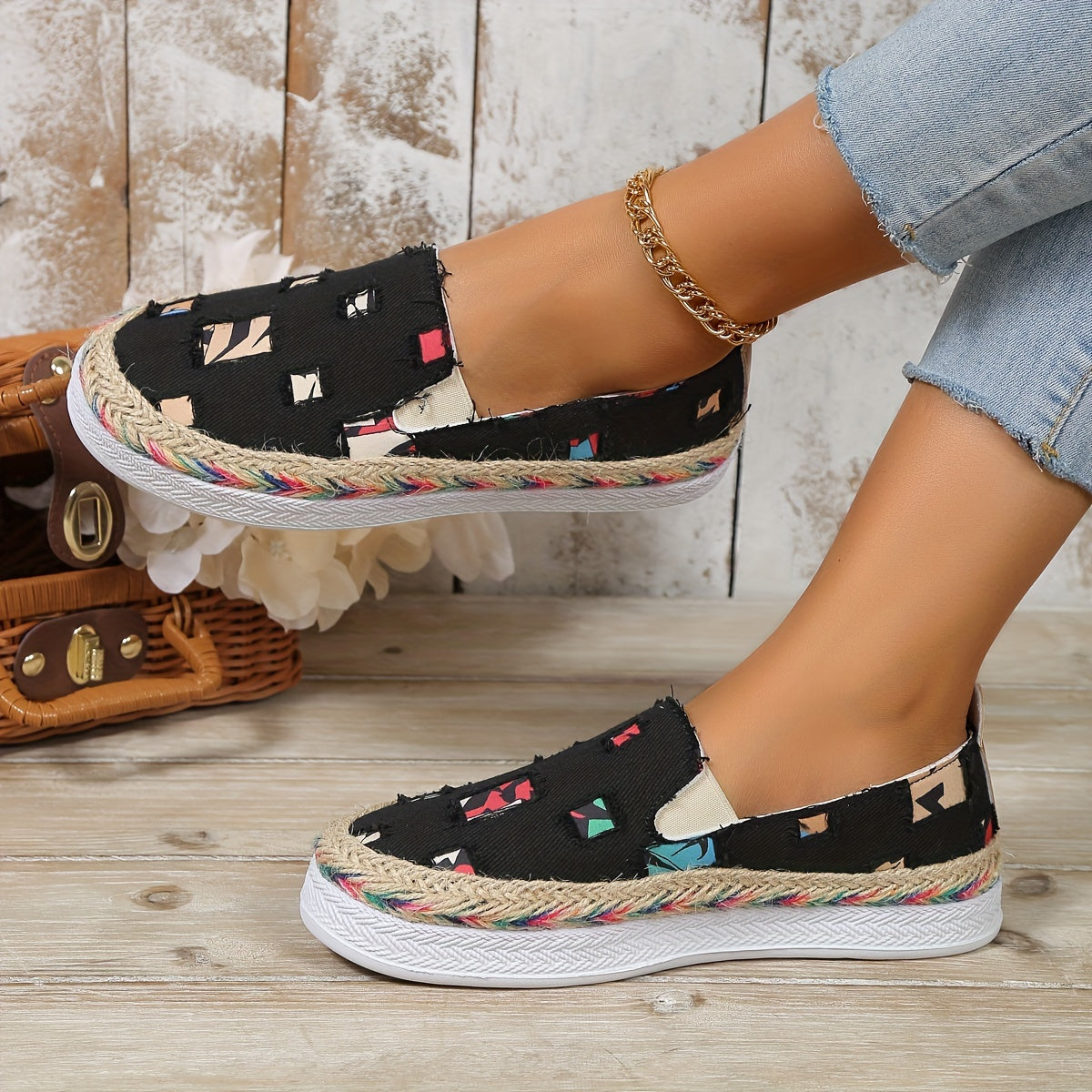 Women's Ripped Denim Flat Shoes Slip On Walking Sneakers