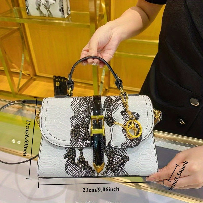Snake Print Handbag w/ Golden Accents Detachable Strap & Zipper Closure