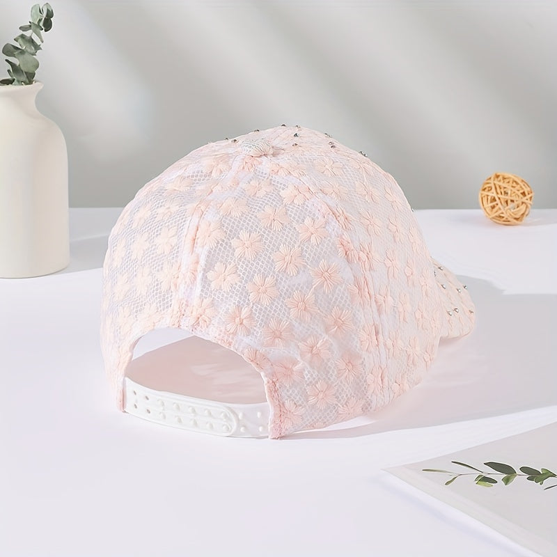 Rhinestone Lace Baseball Cap Flower Embroidery Mesh Sun Hat