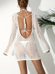 Crochet Cover Up Dress Long Sleeves See Through Hollow Out High Stretch