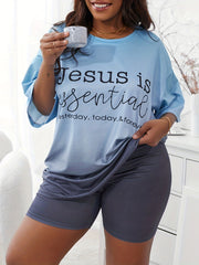 Ombre & Slogan Print Tee & Shorts Pajama Set