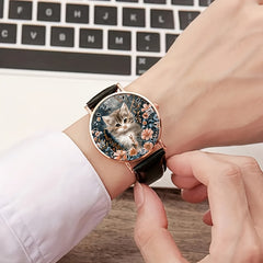 Calico Cat Analog Watch Unisex Minimalist Floral Faux Leather Strap Quartz