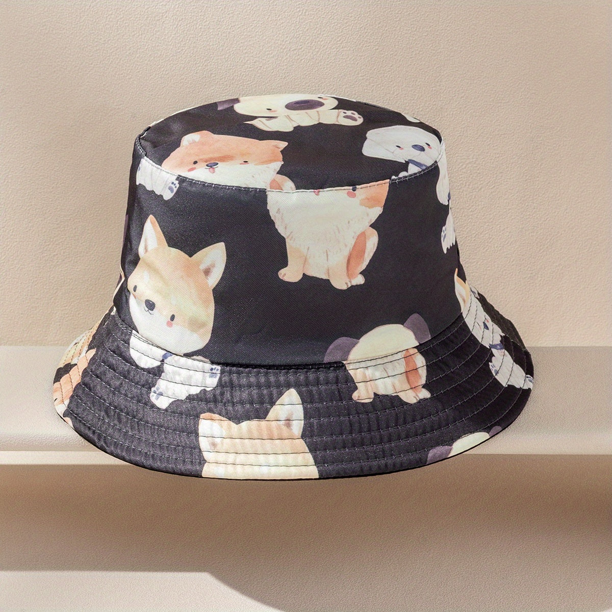 Reversible Family Bucket Hat Puppy Print Basin Hat Unisex Cartoon Dog Fisherman