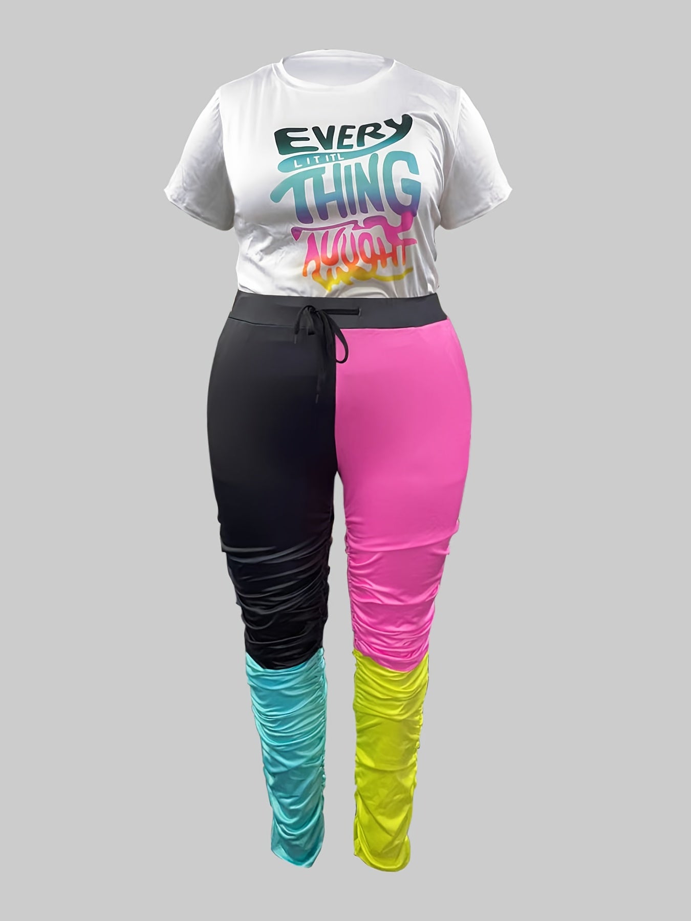 Women's Art Print Top & Colorblock Ruched Pants Outfit Set