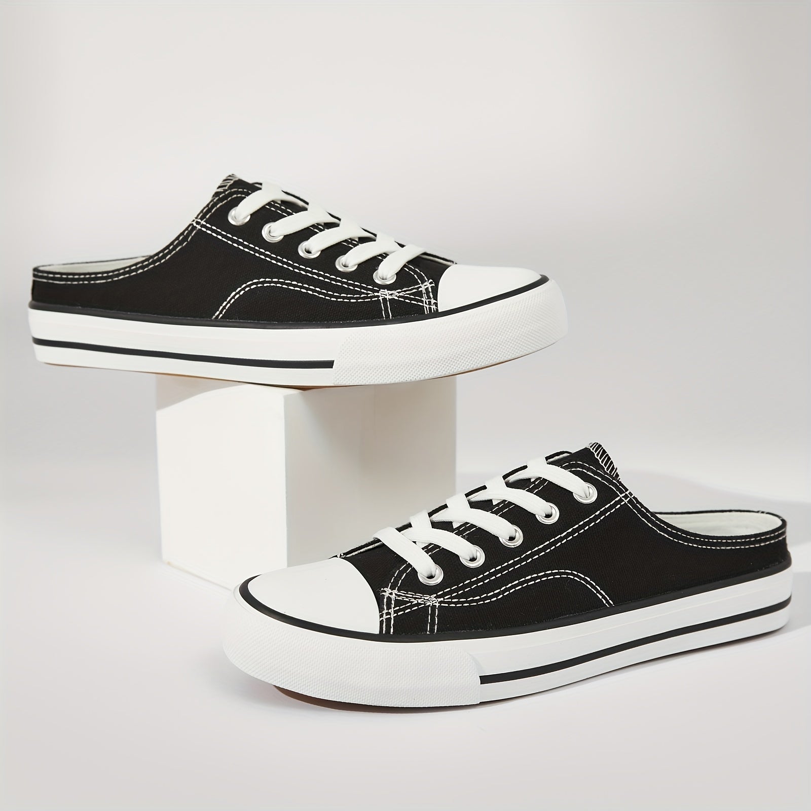 Flat Mules Canvas Sneakers Lace Up Casual Slip On Shoes
