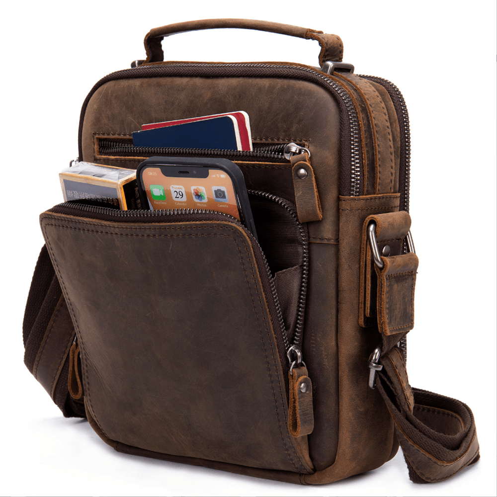 Vintage Leather Messenger Bag For Men Casual Crossbody Bags Crazy Horse Leather