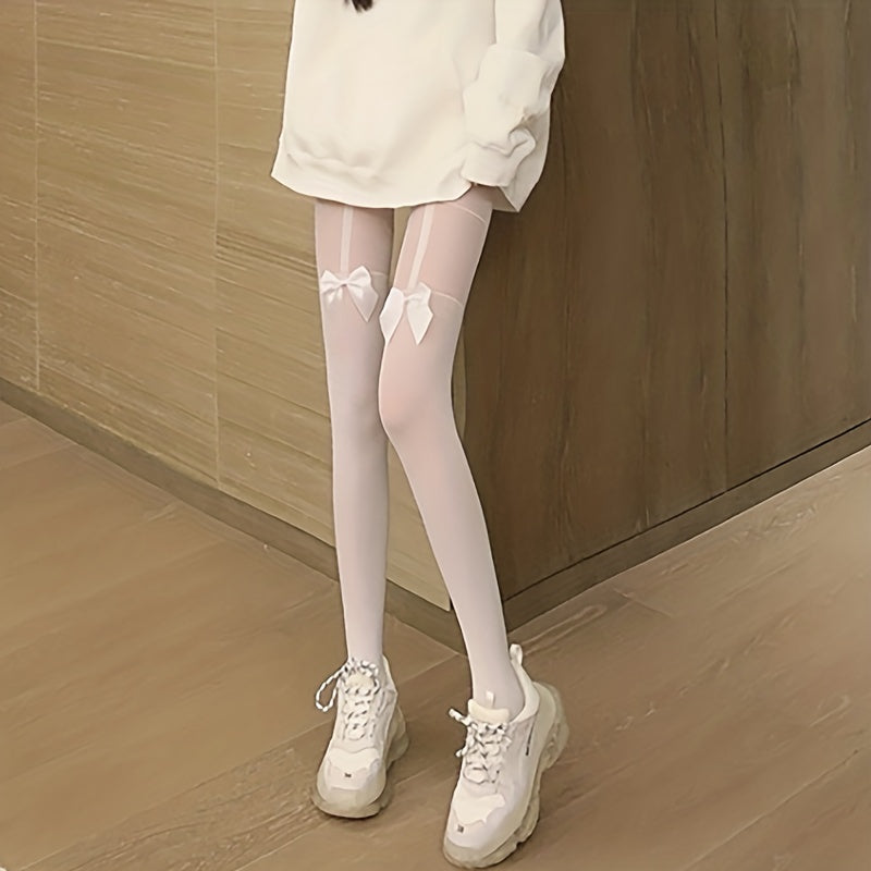 Bow Decor Slim High Waist Semi Sheer Footed Pantyhose