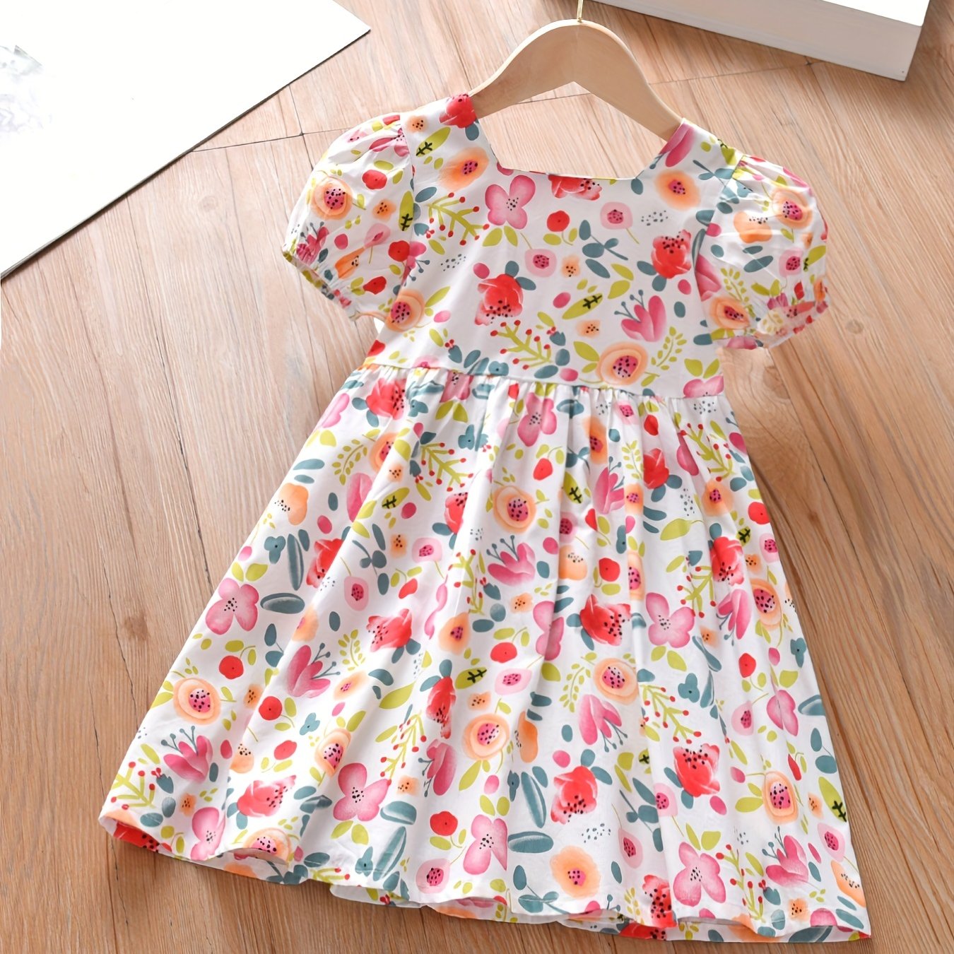 Toddler Girls Puff Sleeve Flowers Graphic Princess Dress