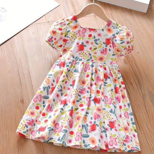 Toddler Girls Puff Sleeve Flowers Graphic Princess Dress