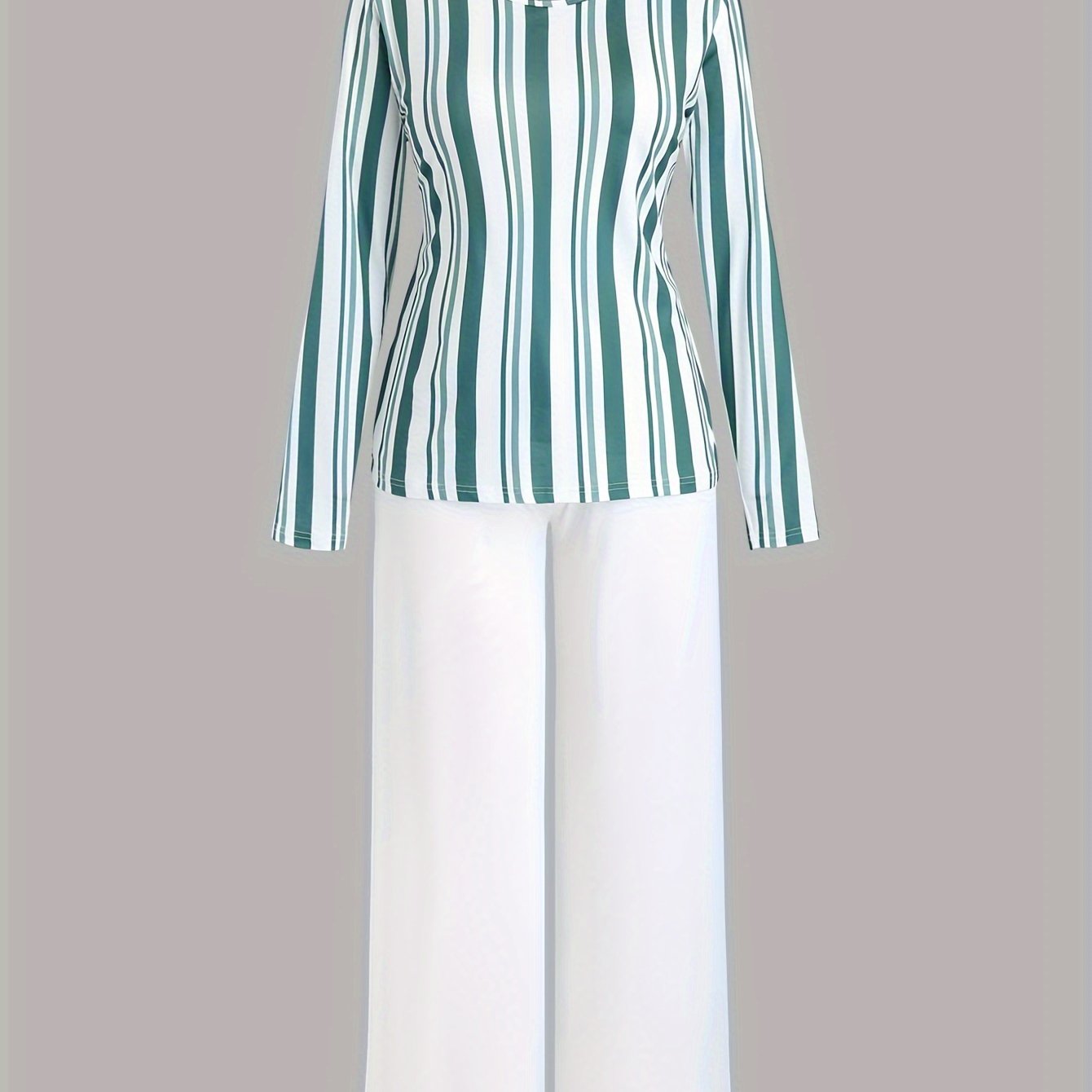 Casual Pajamas Set Women's Striped Print Tee & Solid Pants 2 Piece Set