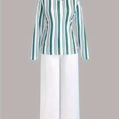 Casual Pajamas Set Women's Striped Print Tee & Solid Pants 2 Piece Set