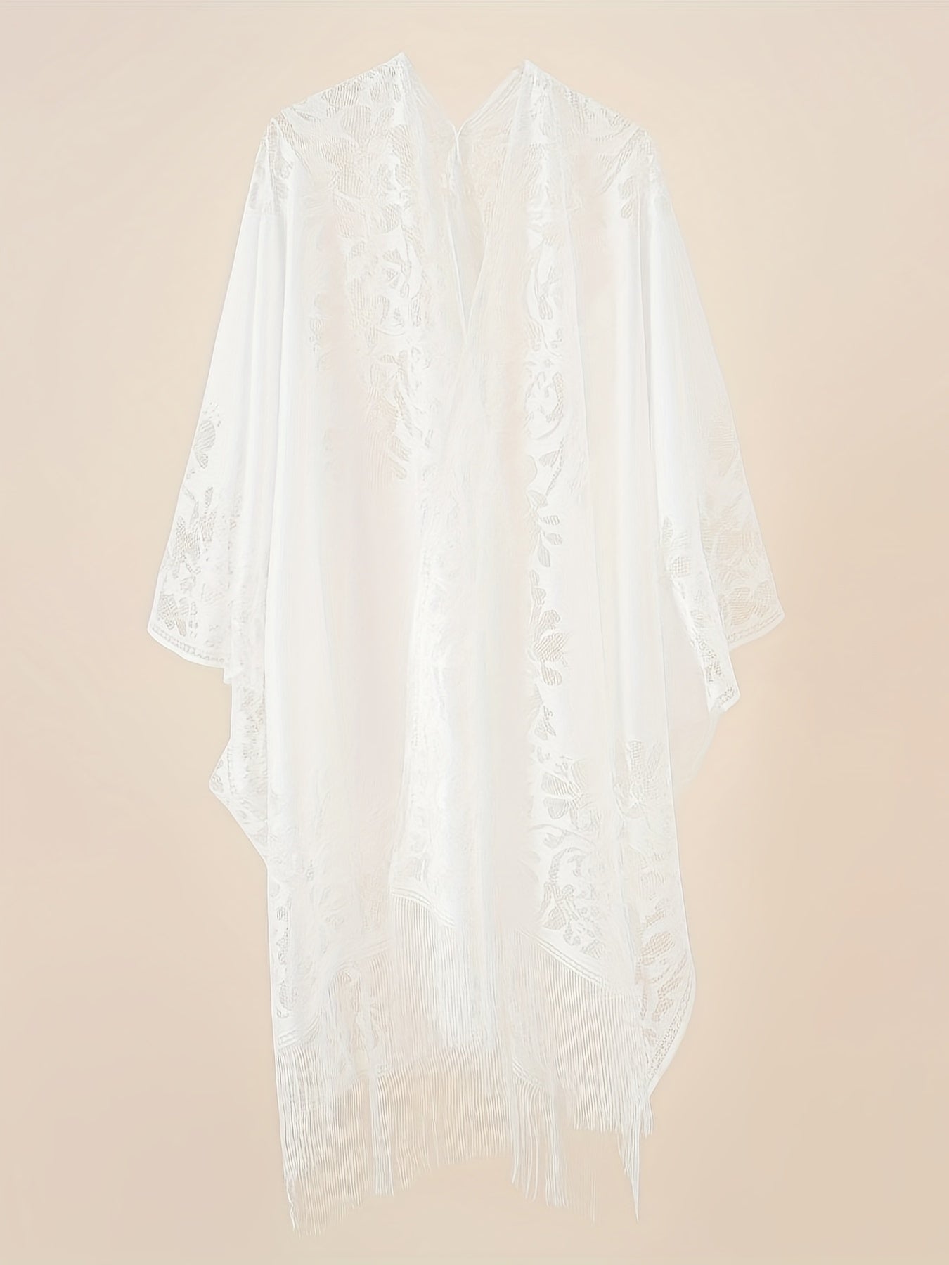 Lace Batwing Sleeve Beach Cover Up with Tassel Trim