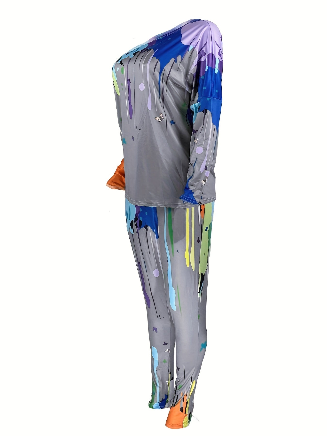 Women's Plus Painting Print Boat Neck Long Sleeve Top & Pants 2pcs Set