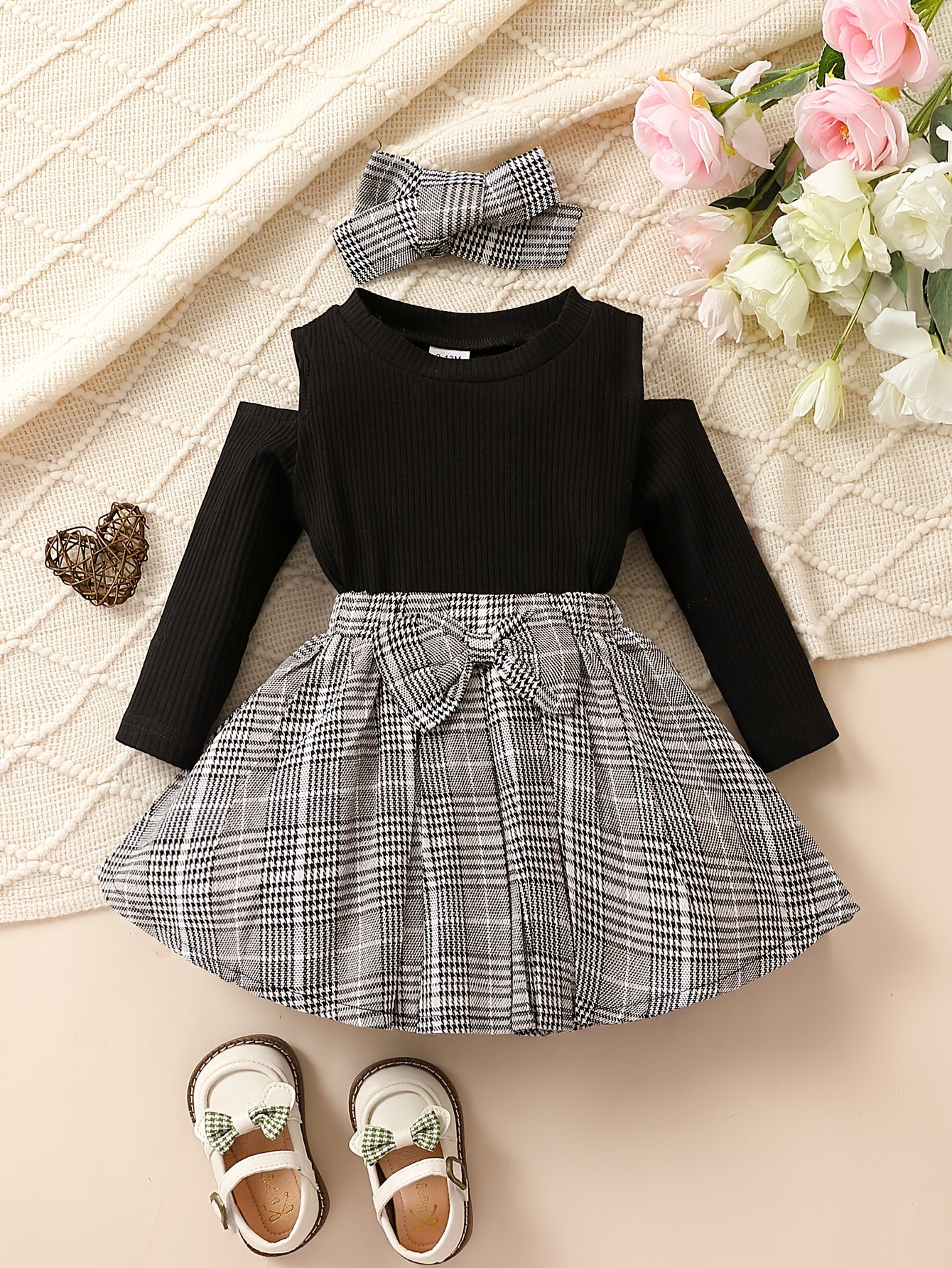 Baby Girls Preppy Style Outfit Long Sleeve Top Plaid Bow Skirt Set