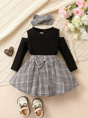 Baby Girls Preppy Style Outfit Long Sleeve Top Plaid Bow Skirt Set