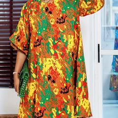 Abstract Print Dress Boho Keyhole Long Sleeve Women's Clothing