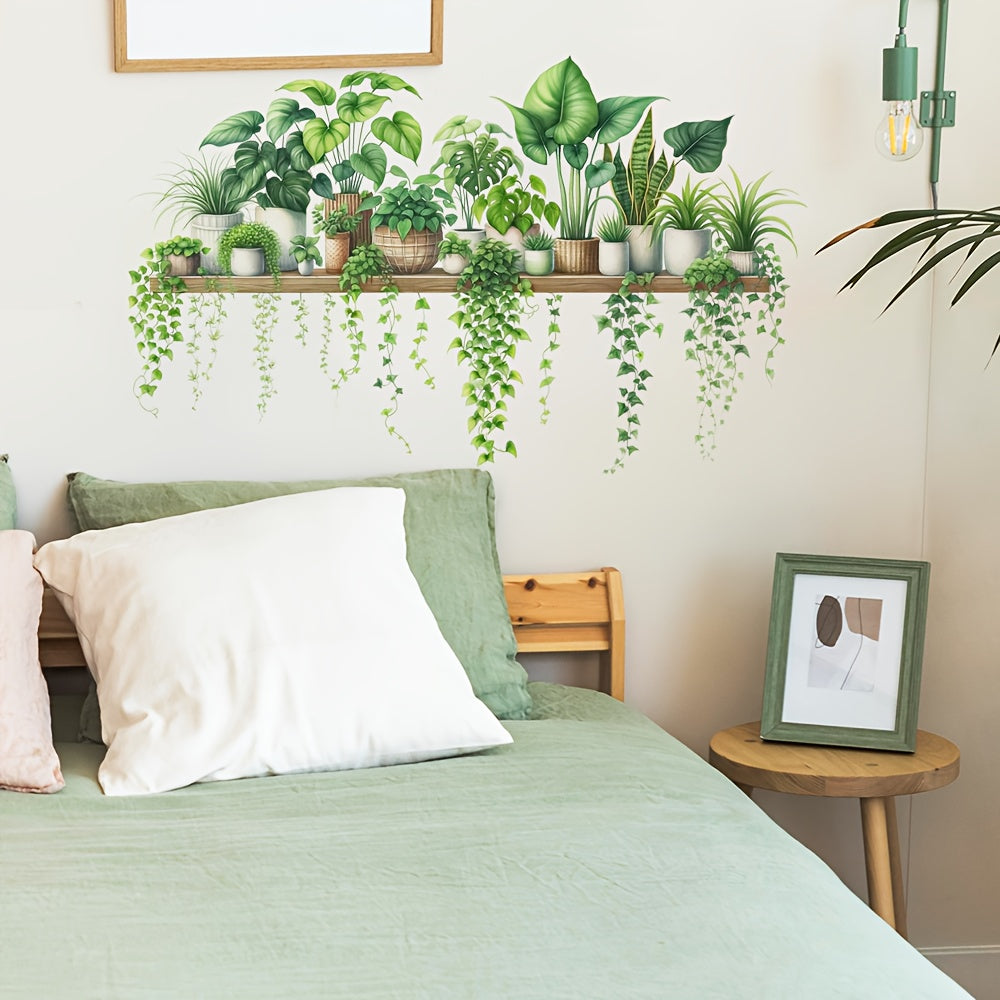 Tropical Green Plant Leaves Potted Vine Decal Stickers Home Wall Decor Set