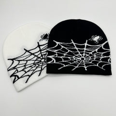 Fashionable Ear Protection Knit Beanie Hat Spider Web Embroidery