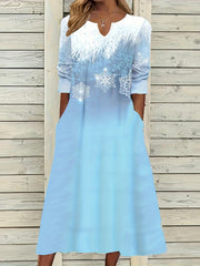 Snowflake Print Long Sleeve Dress With Pockets