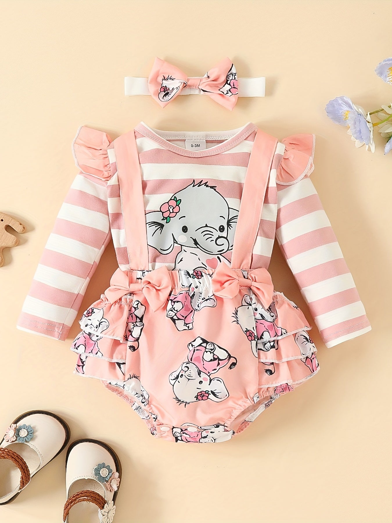 2pcs Baby Girls Lace Sleeves Elephant Top And Skirt Suit