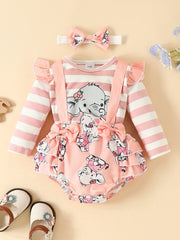 2pcs Baby Girls Lace Sleeves Elephant Top And Skirt Suit