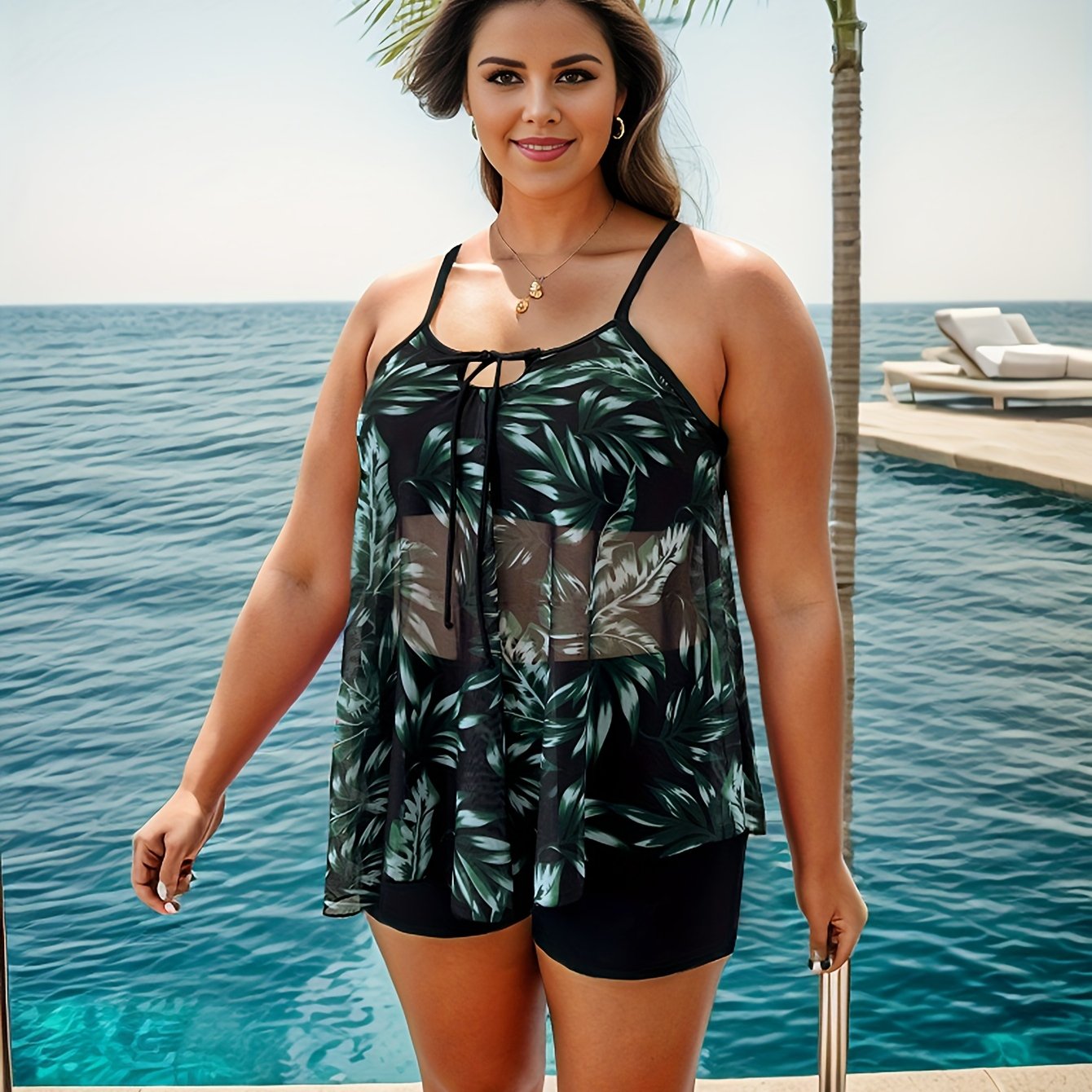 Leaf Print Tie Front Tankini Set