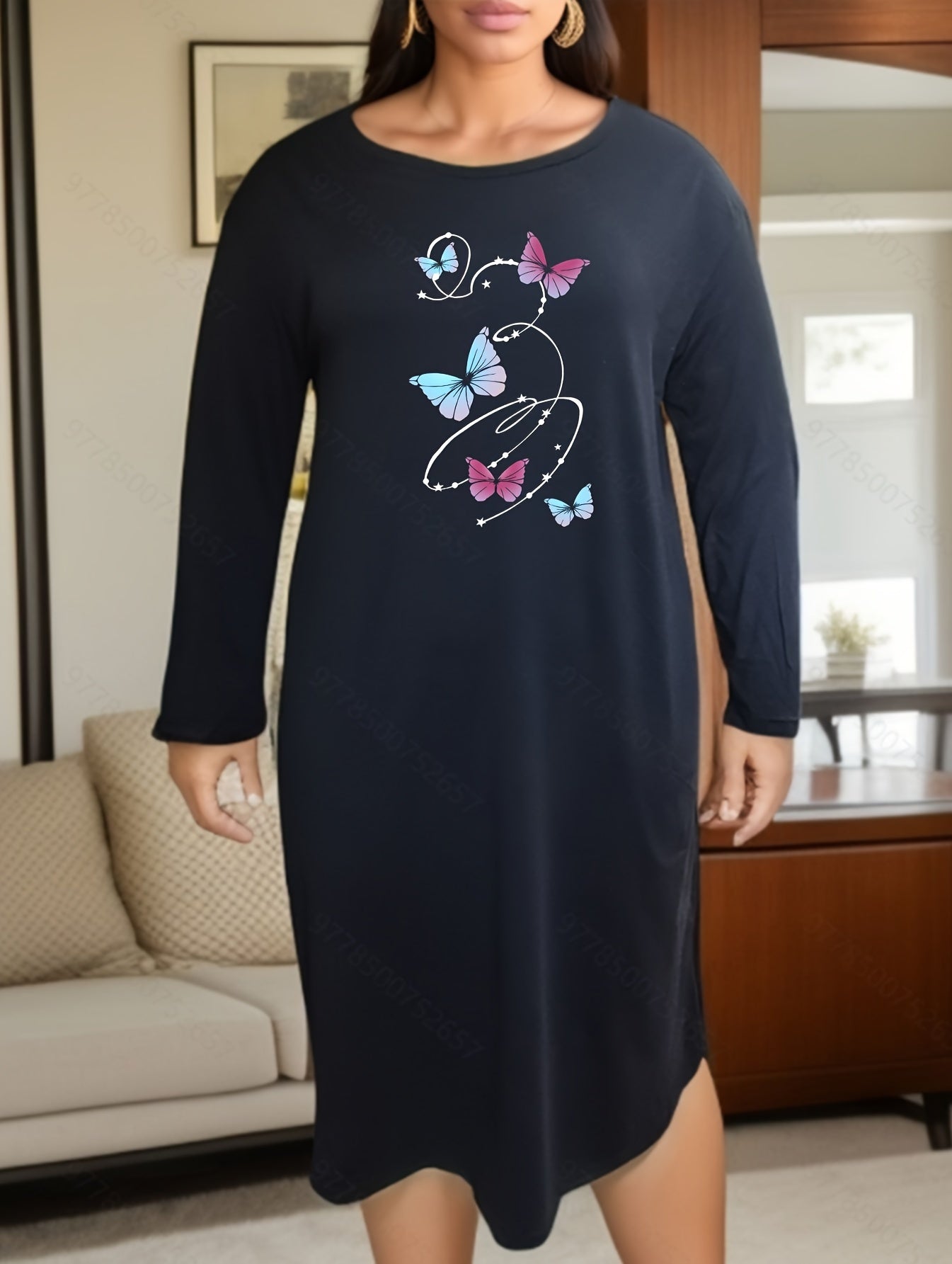 Butterfly Print Lounge Dress Long Sleeve Round Neck Loose Nightdress