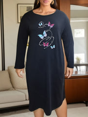 Butterfly Print Lounge Dress Long Sleeve Round Neck Loose Nightdress