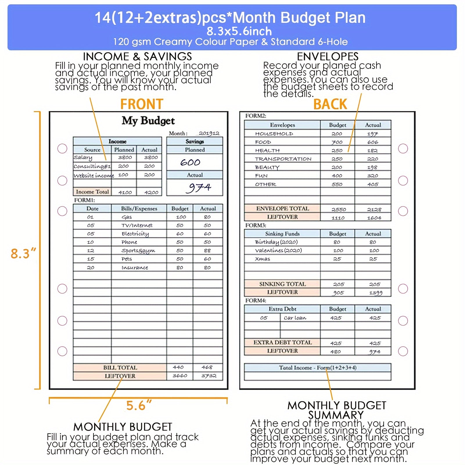 82pcs Weekly&Monthly Planner & 6 Hole Budget System Refill