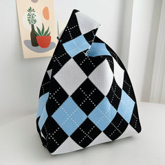 Checkerboard Tote Bag Casual Knit Handbag for Travel Gym & Outdoor Sports