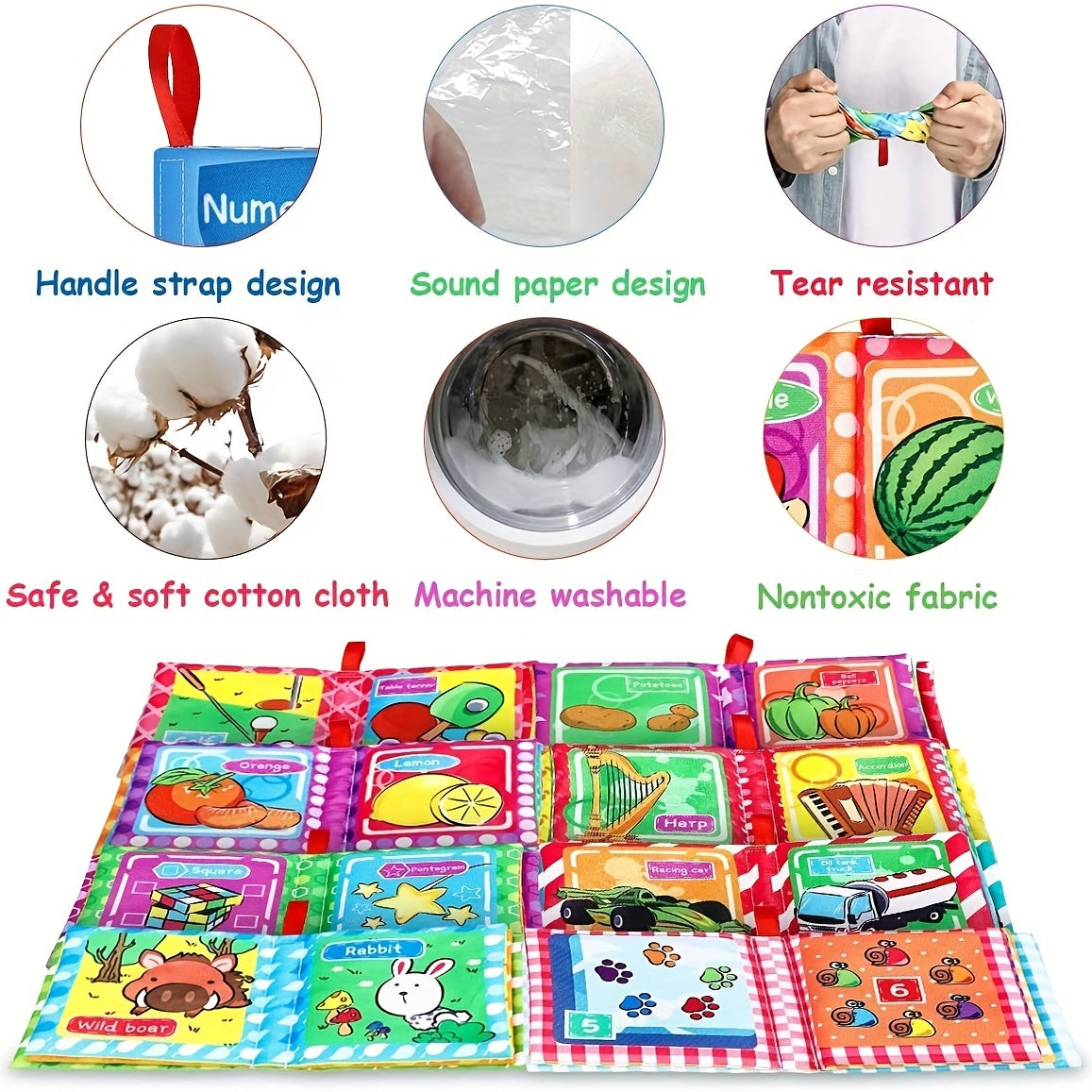 8pcs Baby Cloth Books Soft Touch Sensory Activity Book Animals Plants Musical