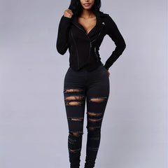 High Strech Distressed Jeans Solid Slim Fit Denim Pants Women's Jeans